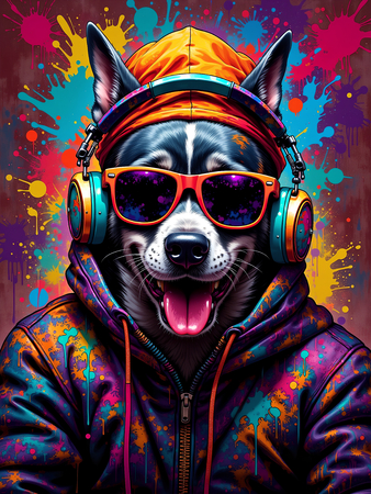 Tableau chien graffiti en versions hip-hop, DJ, punk ou clown. Créations Decotab exclusives pour une décoration pétillante, ludique et originale.