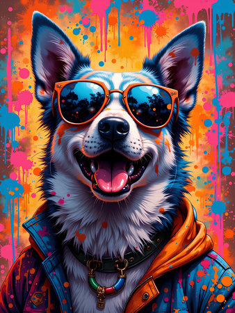 Tableau chien graffiti en versions hip-hop, DJ, punk ou clown. Créations Decotab exclusives pour une décoration pétillante, ludique et originale.