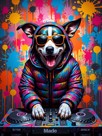 Tableau chien graffiti en versions hip-hop, DJ, punk ou clown. Créations Decotab exclusives pour une décoration pétillante, ludique et originale.