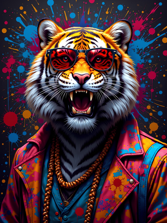 Tableau tigre graffiti décliné en versions punk, DJ, clown ou hip-hop. Créations Decotab originales pour une déco forte, colorée et exclusive.