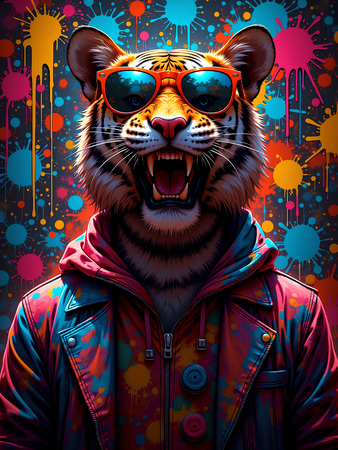 Tableau tigre graffiti décliné en versions punk, DJ, clown ou hip-hop. Créations Decotab originales pour une déco forte, colorée et exclusive.