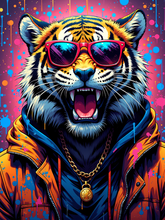 Tableau tigre graffiti décliné en versions punk, DJ, clown ou hip-hop. Créations Decotab originales pour une déco forte, colorée et exclusive.