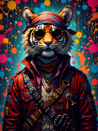 Tableau tigre graffiti décliné en versions punk, DJ, clown ou hip-hop. Créations Decotab originales pour une déco forte, colorée et exclusive.