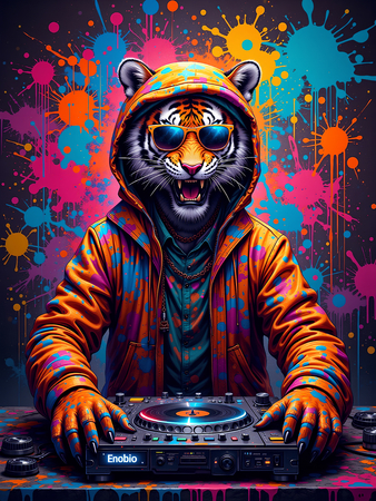Tableau tigre graffiti décliné en versions punk, DJ, clown ou hip-hop. Créations Decotab originales pour une déco forte, colorée et exclusive.