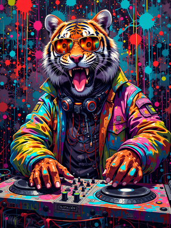 Tableau tigre graffiti décliné en versions punk, DJ, clown ou hip-hop. Créations Decotab originales pour une déco forte, colorée et exclusive.
