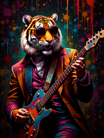 Tableau tigre graffiti décliné en versions punk, DJ, clown ou hip-hop. Créations Decotab originales pour une déco forte, colorée et exclusive.