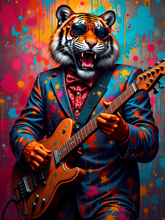 Tableau tigre graffiti décliné en versions punk, DJ, clown ou hip-hop. Créations Decotab originales pour une déco forte, colorée et exclusive.