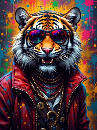 Tableau tigre graffiti décliné en versions punk, DJ, clown ou hip-hop. Créations Decotab originales pour une déco forte, colorée et exclusive.