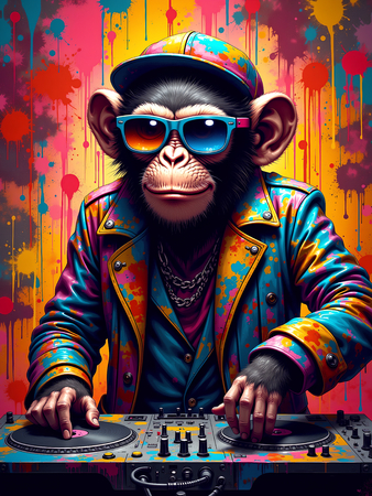 Tableau singe graffiti décliné en versions hip-hop, punk, DJ ou clown. Œuvres exclusives Decotab pour une déco chimpanzé percutante et ultra stylée.