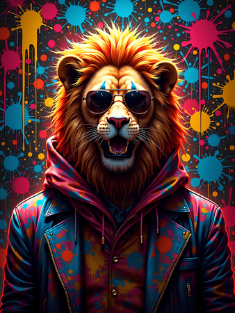 Tableau lion graffiti ultra coloré, en plusieurs versions exclusives Decotab. Une décoration moderne et percutante pour un intérieur créatif et stylisé.