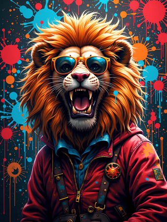 Tableau lion graffiti ultra coloré, en plusieurs versions exclusives Decotab. Une décoration moderne et percutante pour un intérieur créatif et stylisé.