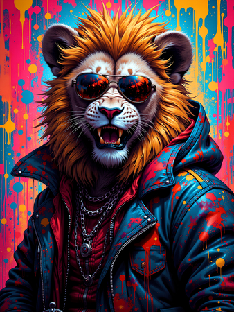 Tableau lion graffiti ultra coloré, en plusieurs versions exclusives Decotab. Une décoration moderne et percutante pour un intérieur créatif et stylisé.