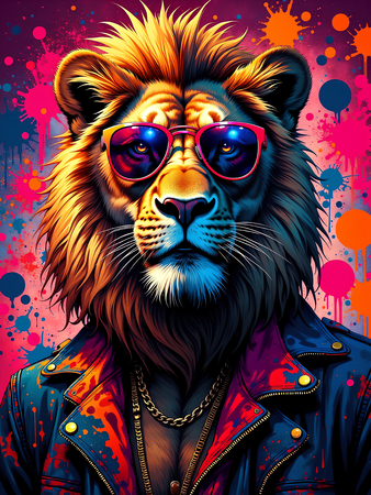 Tableau lion graffiti ultra coloré, en plusieurs versions exclusives Decotab. Une décoration moderne et percutante pour un intérieur créatif et stylisé.