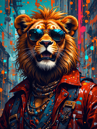 Tableau lion graffiti ultra coloré, en plusieurs versions exclusives Decotab. Une décoration moderne et percutante pour un intérieur créatif et stylisé.