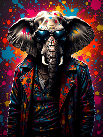 Tableau éléphant graffiti décliné en plusieurs versions urbaines : hip-hop, DJ, graffeur ou clown. Œuvre exclusive ultra colorée signée Decotab.