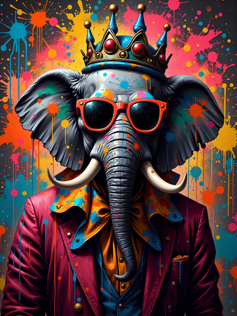 Tableau éléphant graffiti décliné en plusieurs versions urbaines : hip-hop, DJ, graffeur ou clown. Œuvre exclusive ultra colorée signée Decotab.