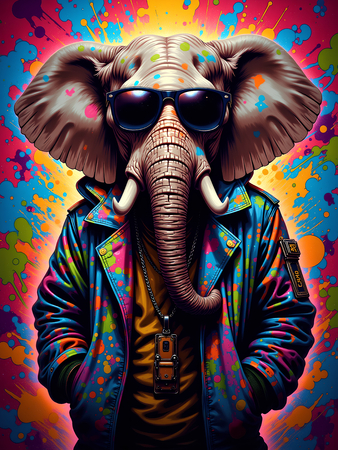 Tableau éléphant graffiti décliné en plusieurs versions urbaines : hip-hop, DJ, graffeur ou clown. Œuvre exclusive ultra colorée signée Decotab.