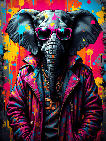 Tableau éléphant graffiti décliné en plusieurs versions urbaines : hip-hop, DJ, graffeur ou clown. Œuvre exclusive ultra colorée signée Decotab.
