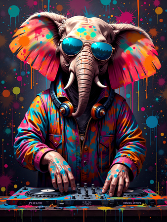 Tableau éléphant graffiti décliné en plusieurs versions urbaines : hip-hop, DJ, graffeur ou clown. Œuvre exclusive ultra colorée signée Decotab.