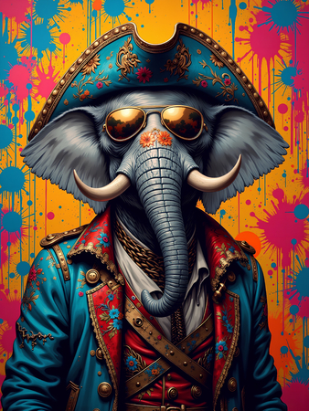 Tableau éléphant graffiti décliné en plusieurs versions urbaines : hip-hop, DJ, graffeur ou clown. Œuvre exclusive ultra colorée signée Decotab.