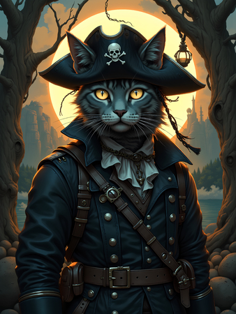 Tableau chat pirate, espiègle et détaillé, en style cartoon réaliste inspiré de Sylvain Binet. Création exclusive Decotab disponible en plusieurs déclinaisons.