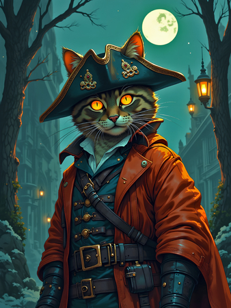 Tableau chat pirate, espiègle et détaillé, en style cartoon réaliste inspiré de Sylvain Binet. Création exclusive Decotab disponible en plusieurs déclinaisons.