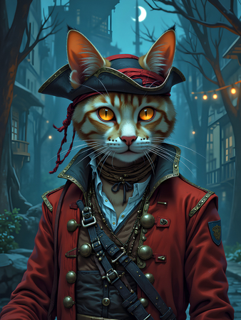 Tableau chat pirate, espiègle et détaillé, en style cartoon réaliste inspiré de Sylvain Binet. Création exclusive Decotab disponible en plusieurs déclinaisons.