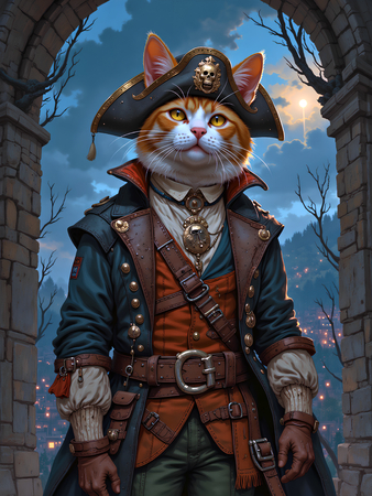 Tableau chat pirate, espiègle et détaillé, en style cartoon réaliste inspiré de Sylvain Binet. Création exclusive Decotab disponible en plusieurs déclinaisons.