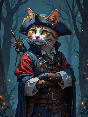Tableau chat pirate, espiègle et détaillé, en style cartoon réaliste inspiré de Sylvain Binet. Création exclusive Decotab disponible en plusieurs déclinaisons.