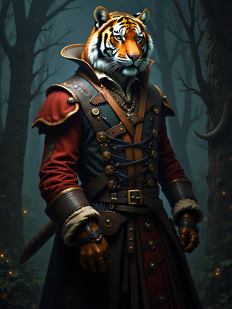 Tableau tigre pirate en style réaliste-cartoon inspiré par Sylvain Binet. Plusieurs versions puissantes et inédites, disponibles exclusivement chez Decotab.