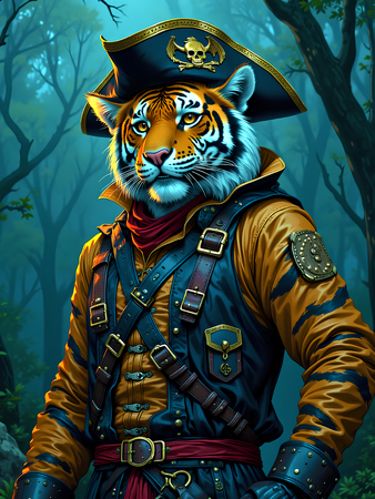 Tableau tigre pirate en style réaliste-cartoon inspiré par Sylvain Binet. Plusieurs versions puissantes et inédites, disponibles exclusivement chez Decotab.
