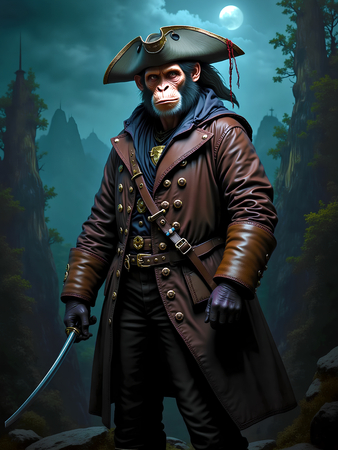 Tableau chimpanzé pirate en style cartoon réaliste inspiré de Sylvain Binet. Plusieurs déclinaisons exclusives chez Decotab pour une déco originale et expressive.