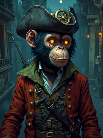 Tableau chimpanzé pirate en style cartoon réaliste inspiré de Sylvain Binet. Plusieurs déclinaisons exclusives chez Decotab pour une déco originale et expressive.