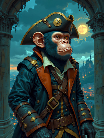 Tableau chimpanzé pirate en style cartoon réaliste inspiré de Sylvain Binet. Plusieurs déclinaisons exclusives chez Decotab pour une déco originale et expressive.