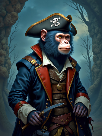 Tableau chimpanzé pirate en style cartoon réaliste inspiré de Sylvain Binet. Plusieurs déclinaisons exclusives chez Decotab pour une déco originale et expressive.