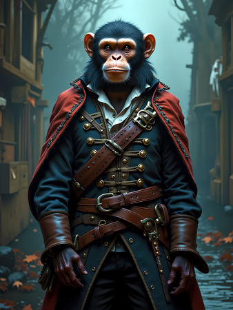 Tableau chimpanzé pirate en style cartoon réaliste inspiré de Sylvain Binet. Plusieurs déclinaisons exclusives chez Decotab pour une déco originale et expressive.