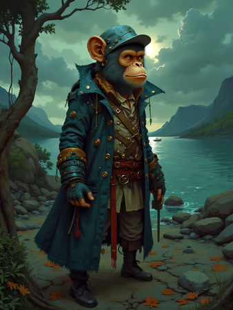 Tableau chimpanzé pirate en style cartoon réaliste inspiré de Sylvain Binet. Plusieurs déclinaisons exclusives chez Decotab pour une déco originale et expressive.
