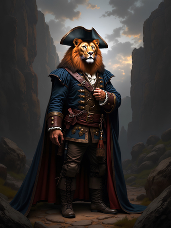 Tableau lion pirate en style cartoon réaliste, inspiré par Sylvain Binet. Plusieurs versions exclusives et détaillées, disponibles uniquement chez Decotab.