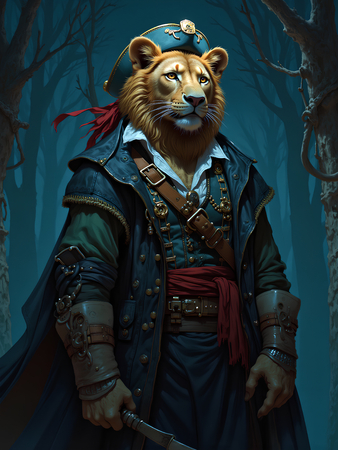 Tableau lion pirate en style cartoon réaliste, inspiré par Sylvain Binet. Plusieurs versions exclusives et détaillées, disponibles uniquement chez Decotab.