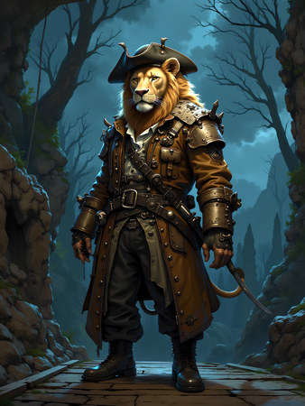 Tableau lion pirate en style cartoon réaliste, inspiré par Sylvain Binet. Plusieurs versions exclusives et détaillées, disponibles uniquement chez Decotab.