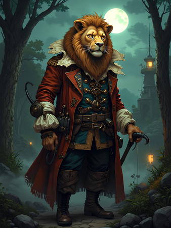 Tableau lion pirate en style cartoon réaliste, inspiré par Sylvain Binet. Plusieurs versions exclusives et détaillées, disponibles uniquement chez Decotab.