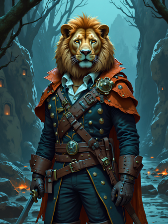Tableau lion pirate en style cartoon réaliste, inspiré par Sylvain Binet. Plusieurs versions exclusives et détaillées, disponibles uniquement chez Decotab.