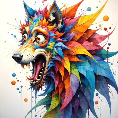Tableau de loup pop art aux couleurs vives, expression déjantée, gueule ouverte et style graphique éclaboussé. Une création humoristique et décorative.