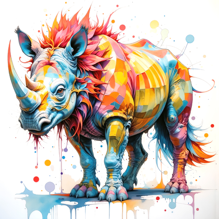 Tableau rhinocéros dans un style pop art coloré et stylisé, avec jets de peinture et interprétations graphiques fantastiques. Plusieurs déclinaisons disponibles.