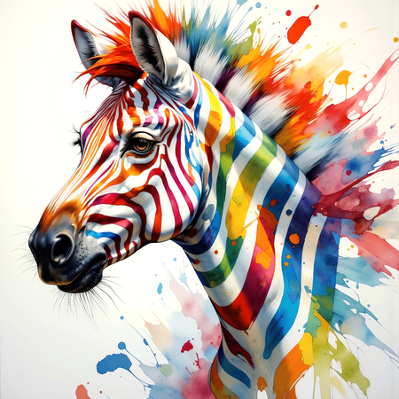 Tableau zèbre pop art en version stylisée, aux aplats de couleurs vives, tracés dynamiques et éclaboussures artistiques. Plusieurs déclinaisons colorées disponibles.