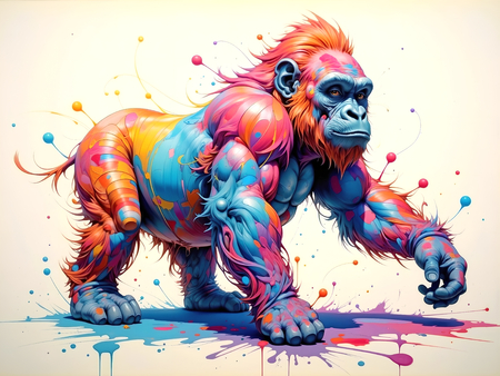 Portrait de gorille dans un style pop art coloré, éclaboussures, arabesques, coups de pinceau. Un tableau expressif décliné en plusieurs versions. Exclusivité DECOTAB.