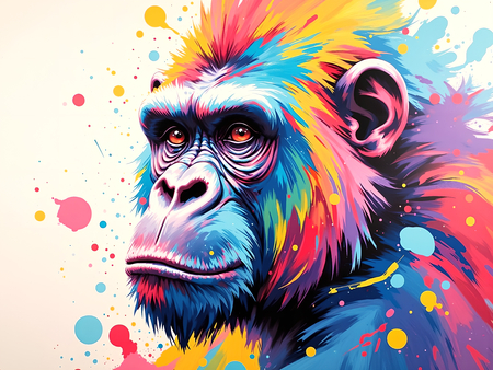 Portrait de gorille dans un style pop art graphique avec aplats de couleurs vives et contrastes tranchés. Tableau décoratif décliné en plusieurs versions colorées.
