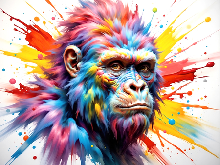 Portrait de gorille dans un style pop art coloré, éclaboussures, arabesques, coups de pinceau. Un tableau expressif décliné en plusieurs versions. Exclusivité DECOTAB.