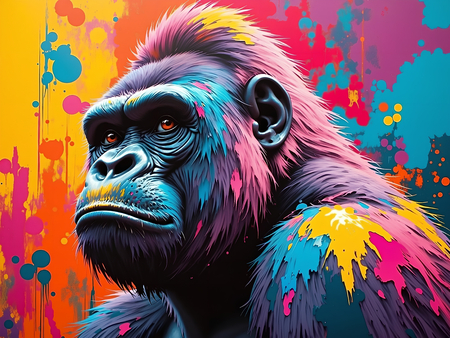 Portrait de gorille dans un style pop art graphique avec aplats de couleurs vives et contrastes tranchés. Tableau décoratif décliné en plusieurs versions colorées.