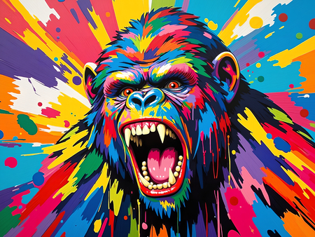 Portrait de gorille dans un style pop art graphique avec aplats de couleurs vives et contrastes tranchés. Tableau décoratif décliné en plusieurs versions colorées.